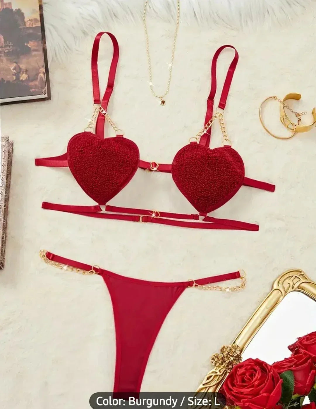 Heart Cup Chain Detail Bra & Thong Set - MixShoppee