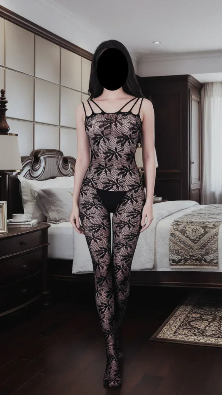 Black Floral/Leaf Pattern Net Bodystocking - MixShoppee
