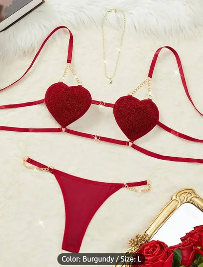 Heart Cup Chain Detail Bra & Thong Set - MixShoppee