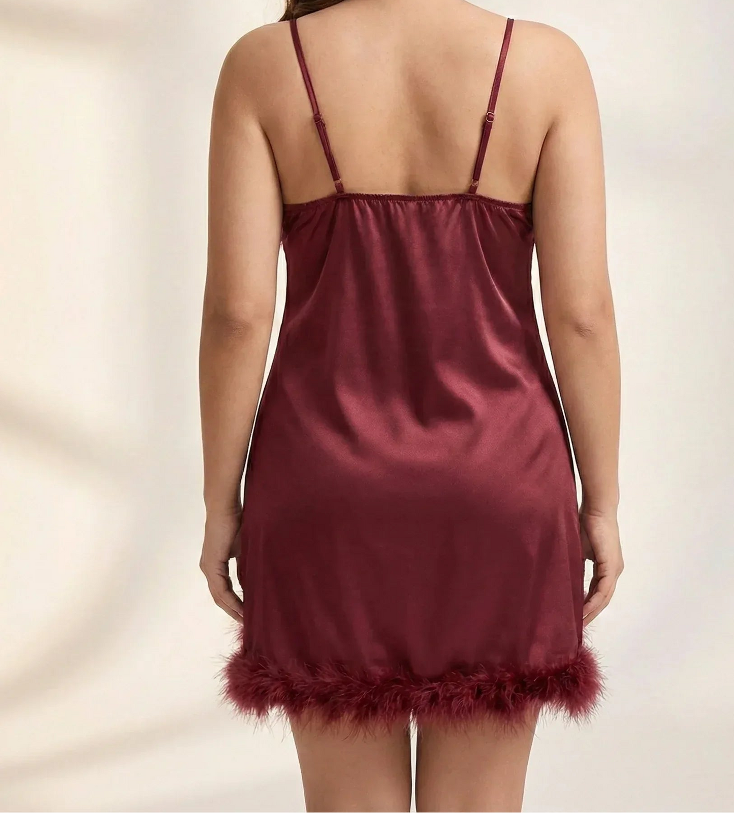 Luxury Maroon Satin Nighty with Feather Trim - MixShoppee