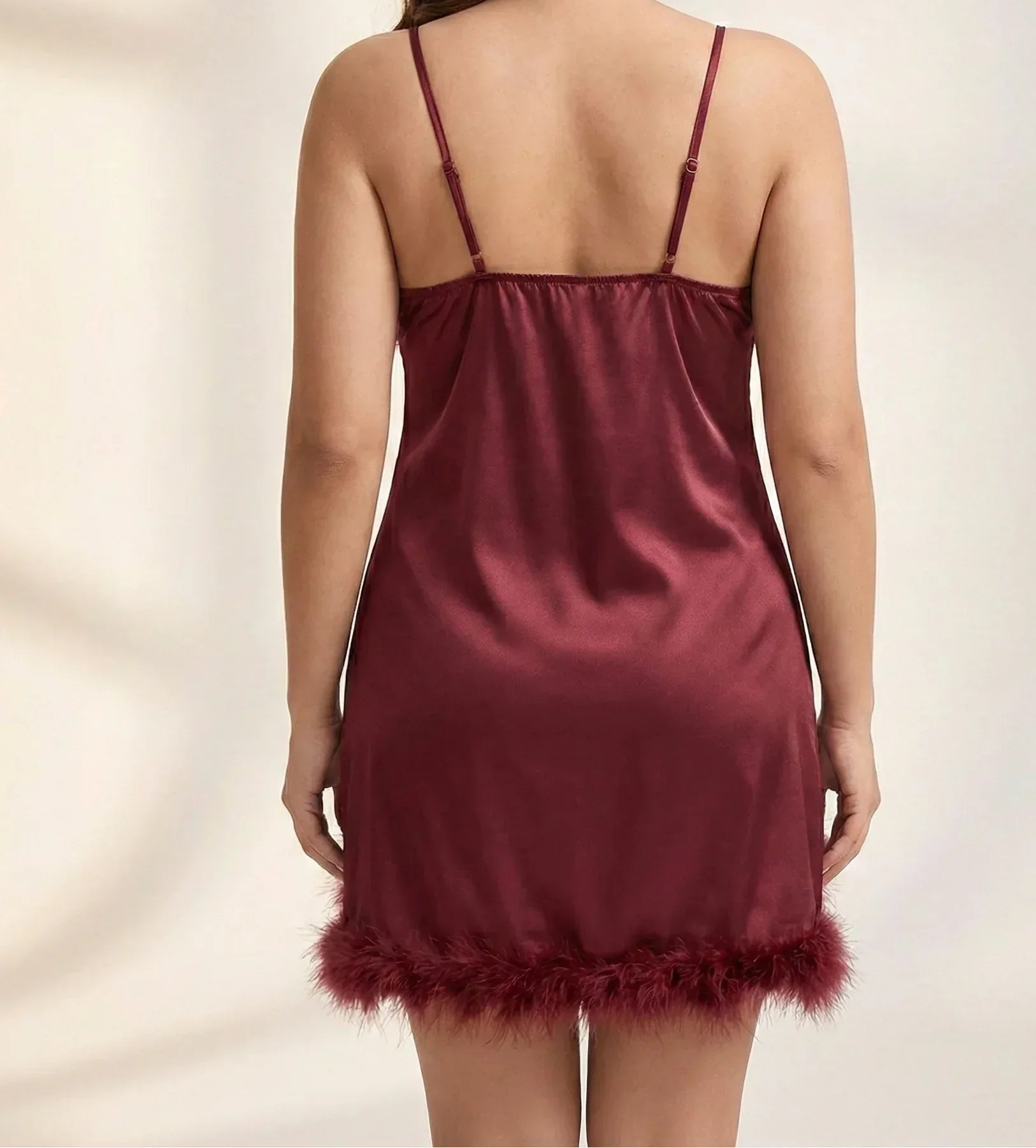 Luxury Maroon Satin Nighty with Feather Trim - MixShoppee