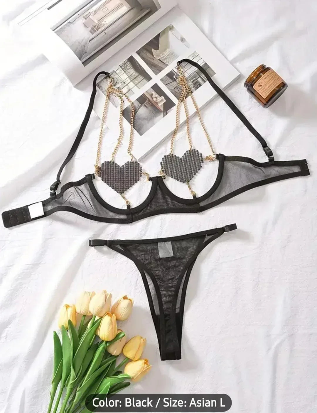 Heart-Embellished Chain Strap Underwire Bra Penty - MixShoppee