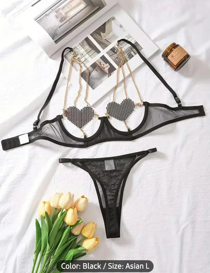 Heart-Embellished Chain Strap Underwire Bra Penty - MixShoppee