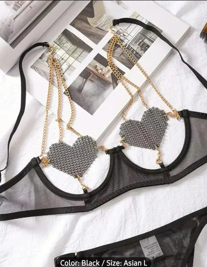 Heart-Embellished Chain Strap Underwire Bra Penty - MixShoppee
