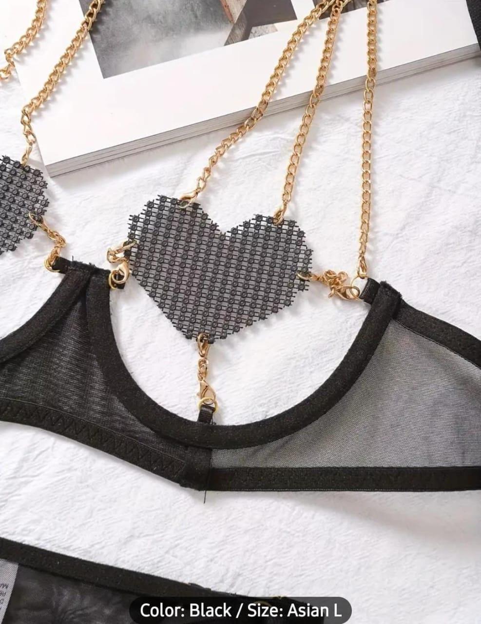 Heart-Embellished Chain Strap Underwire Bra Penty - MixShoppee