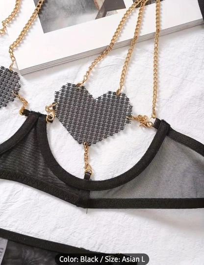 Heart-Embellished Chain Strap Underwire Bra Penty - MixShoppee