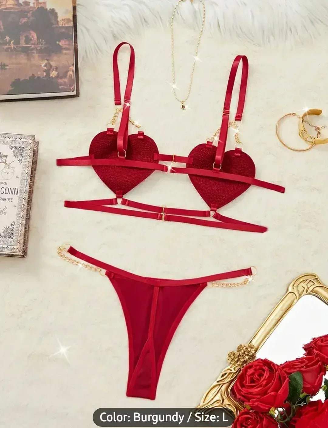 Heart Cup Chain Detail Bra & Thong Set - MixShoppee
